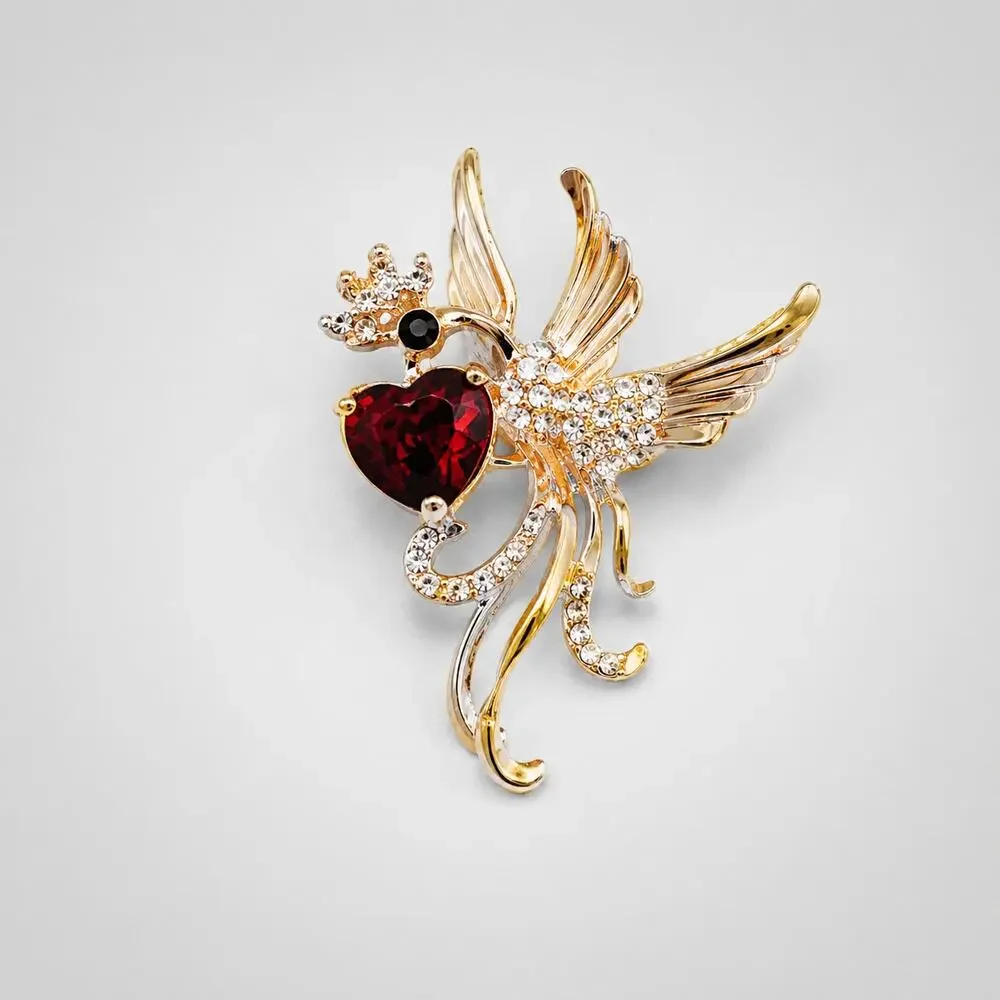 Vintage Rise Gold-tone Phoenix Bird Brooch Pin- Red Sparkly‎ Red Heart ab1-54 - Picture 4 of 6